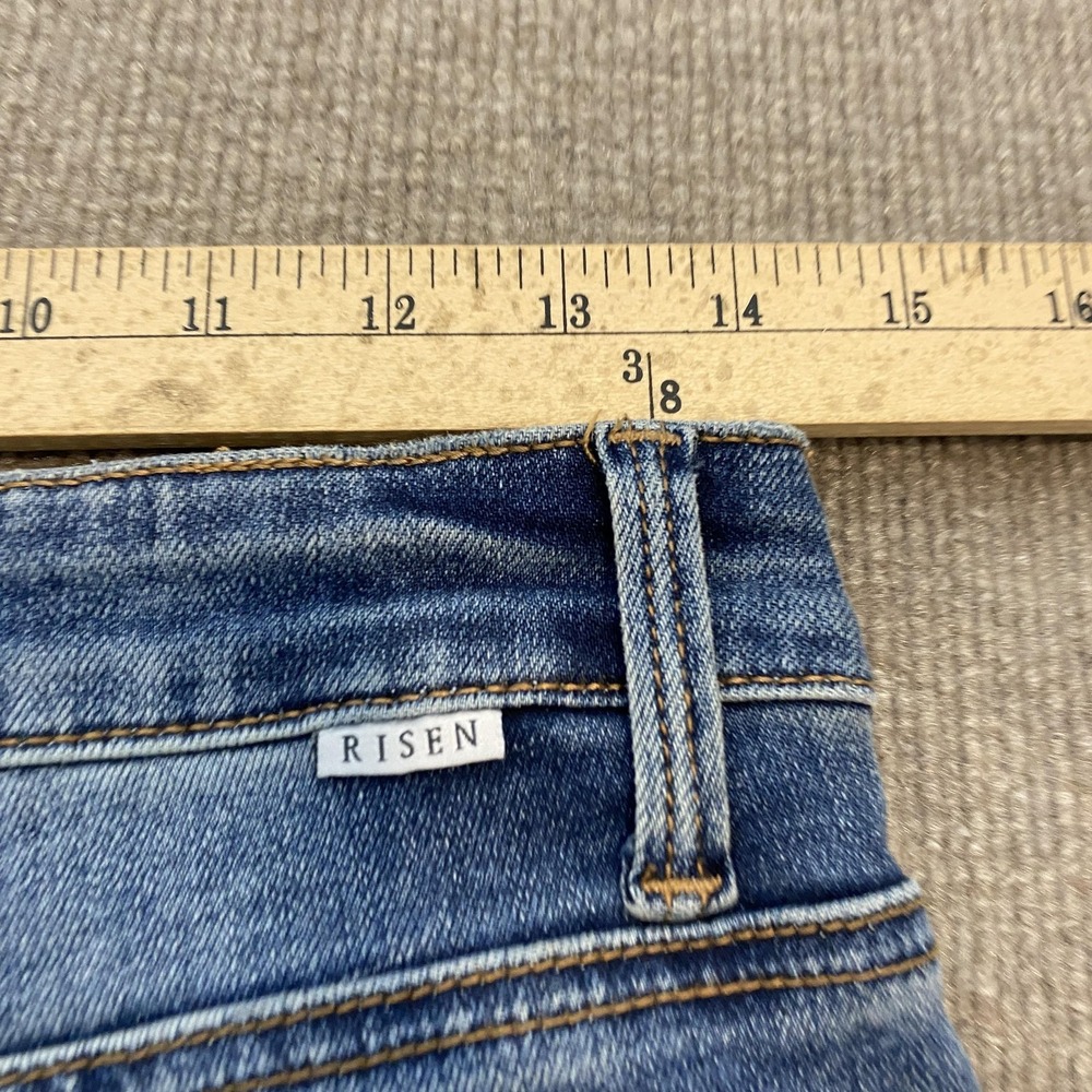 Risen Flare Jeans Womens 7/28 Blue Med Wash Mid Rise Distressed Fringe Hem - Picture 8 of 13